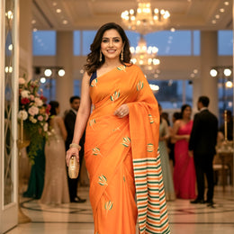 Lotus Motifs | Orange Modal Satin Saree | Luv My India Fashion | 550x115 CM | National Flower Digital Print | Elegant Patriotic Saree