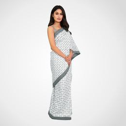 Bharat | White Mulmul Cotton Saree | Luv My India Fashion | 550x115 CM | Elegant Hand-Block Patriotic Saree