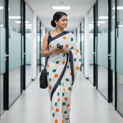 Tricolour Polka Dots | White Mulmul Cotton Saree | Luv My India Fashion | 550x115 CM | Elegant Handblock First Patriotic Saree