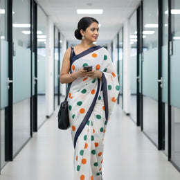 Tricolour Polka Dots | White Mulmul Cotton Saree | Luv My India Fashion | 550x115 CM | Elegant Handblock First Patriotic Saree