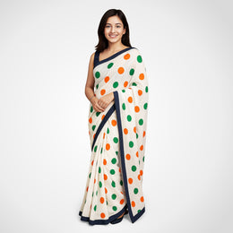 Tricolour Polka Dots | White Mulmul Cotton Saree | Luv My India Fashion | 550x115 CM | Elegant Hand-Block Patriotic Saree