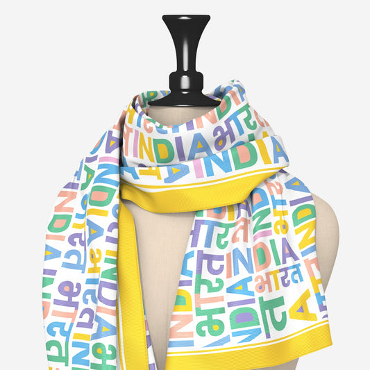 India Bharat Pop Typography Modal Silk Scarf | Yellow Border