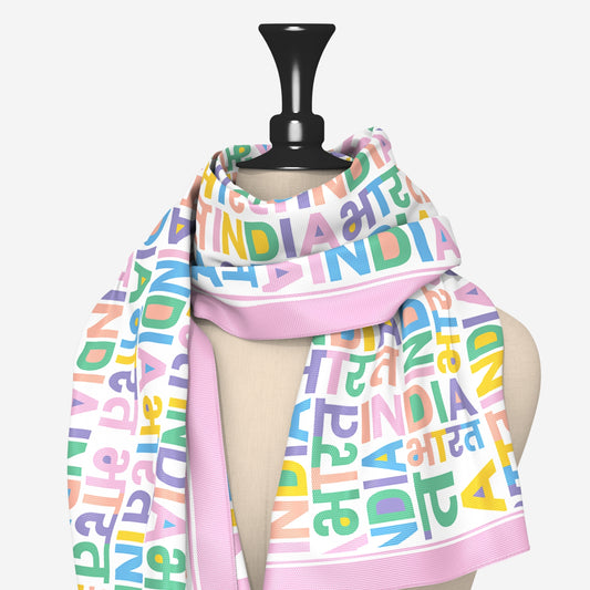 India Bharat Pop Typography Modal Silk Scarf | Pink Border