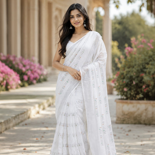 Vande Mataram Silver Zari Border Linen Saree