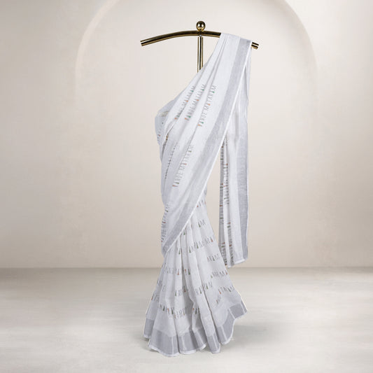 Vande Mataram Silver Zari Border Linen Saree