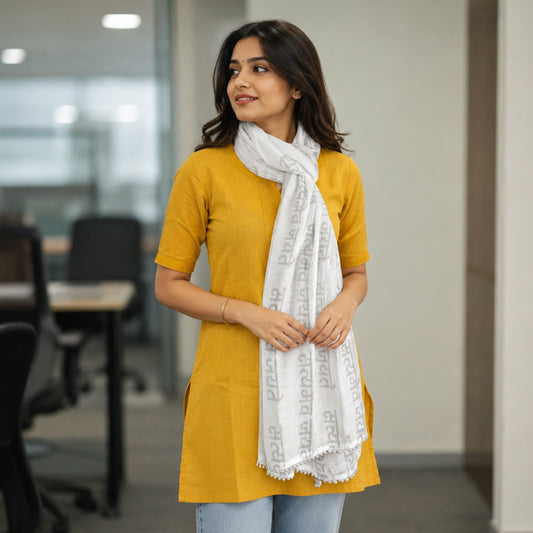 Satyameva Jayate Silver Zari Border Linen Stole