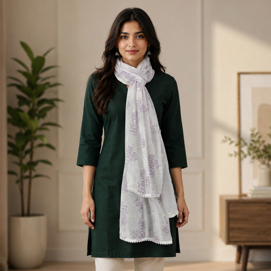 Vande Mataram Silver Zari Border Linen Stole | Lavender