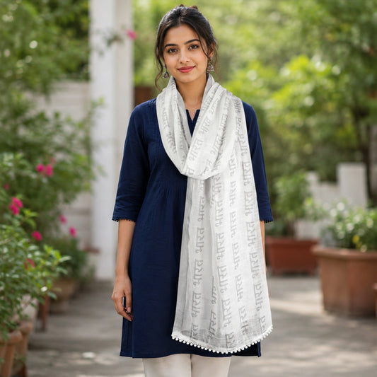 Bharat Script Silver Zari Border Linen Stole