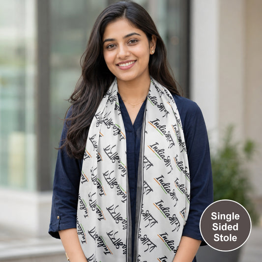 India Script Modal Silk Stole – White & Grey