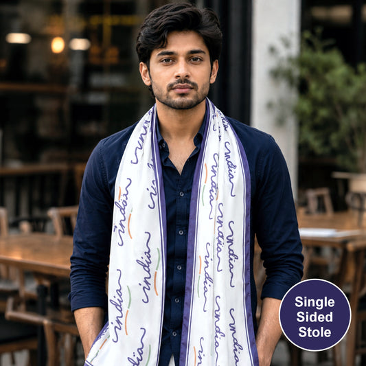 India Script Modal Silk Stole | Unisex | White & Blue