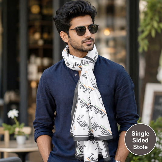India Script Modal Silk Stole – White & Grey