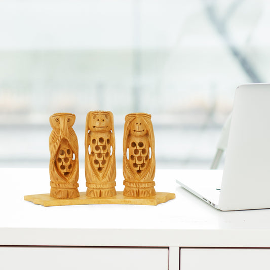 Three Wise Monkeys | Luv My India Wooden Sculpture | 6x3.5 Inch Elegant Decor
