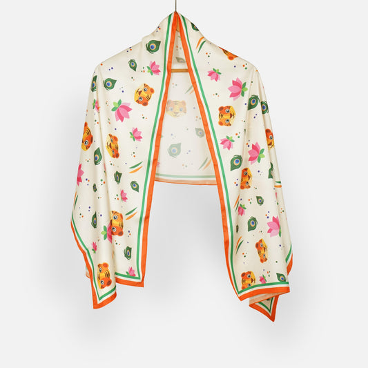 National Symbols Stole | Luv My India Satin Silk Stole | Digital Print 160x50 CM Patriotic Stole