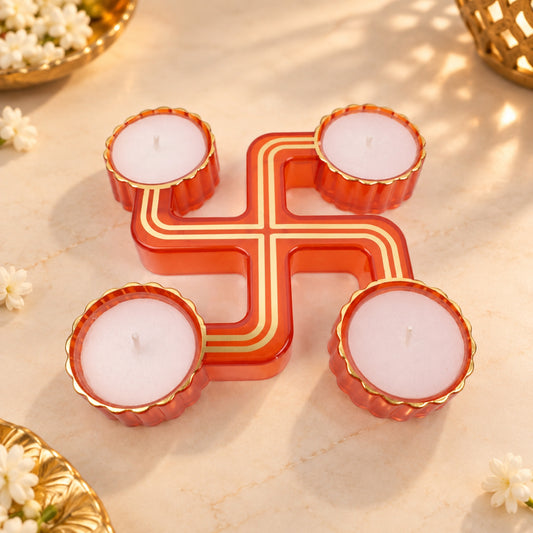 Swastik Diya Set of 2 (Red & Orange)