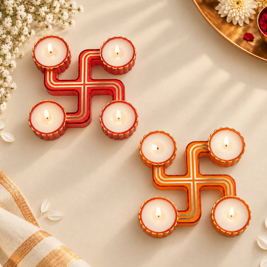 Swastik Diya Set of 2 (Red & Orange)