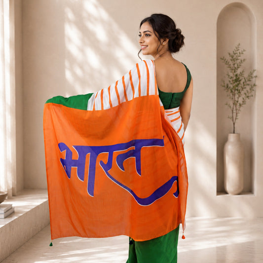 Bharat Typography Striped Mulmul Cotton Saree