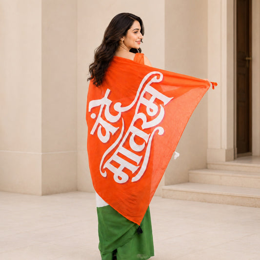 Vande Mataram Saffron Pallu Striped Mulmul Cotton Saree