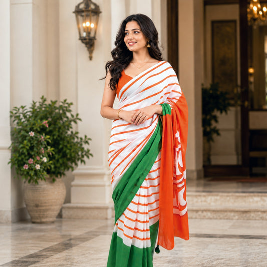 Vande Mataram Saffron Pallu Striped Mulmul Cotton Saree