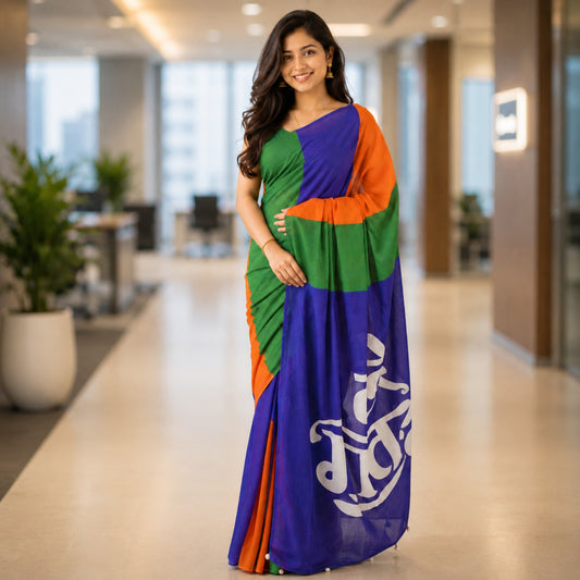Vande Mataram Blue Pallu Mulmul Cotton Saree