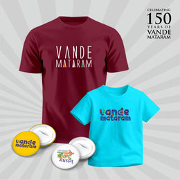 Vande Mataram | Patriotic Curated Combo | Round Neck Pure Cotton Maroon Unisex T-Shirt | Round Neck Pure Cotton Blue Kids' T-Shirt | 2.5x2.5 CM Round Badges