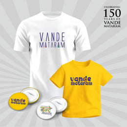 Vande Mataram | Patriotic Curated Combo | Round Neck Pure Cotton White Unisex T-Shirt | Round Neck Pure Cotton Yellow Kids' T-Shirt | 2.5x2.5 CM Round Badges