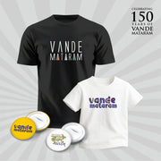 Vande Mataram | Patriotic Curated Combo | Round Neck Pure Cotton Black Unisex T-Shirt | Round Neck Pure Cotton White Kids' T-Shirt | 2.5x2.5 CM Round Badges