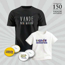 Vande Mataram | Patriotic Curated Combo | Round Neck Pure Cotton Black Unisex T-Shirt | Round Neck Pure Cotton White Kids' T-Shirt | 2.5x2.5 CM Round Badges