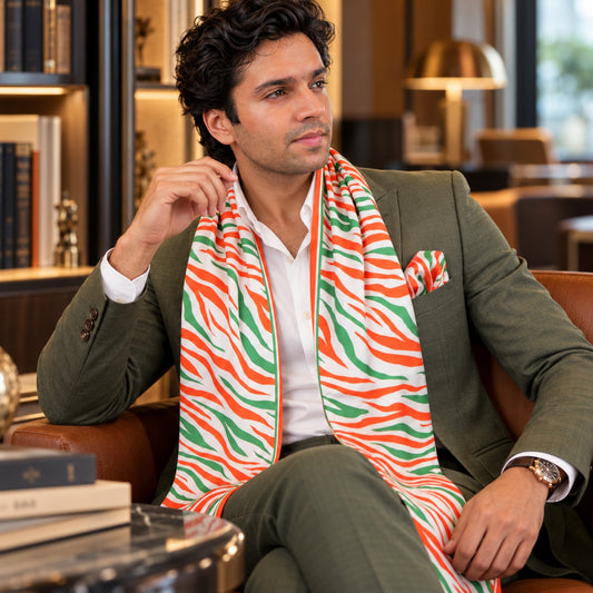 Tricolour Tiger Stripe | Premium Modal Silk Stole and Pocket Square Set