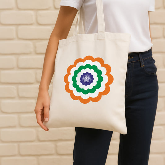 Tricolour Blossom | Patriotic Cotton Canvas Tote Bag | Luv My India Spacious 14x13.5 Inch Multipurpose Carry-All
