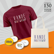 Vande Mataram | Patriotic Curated Combo | Round Neck Pure Cotton Maroon Unisex T-Shirt | 2.5x2.5 CM Round Badges | 14x16 Inch Cotton Canvas Tote Bag