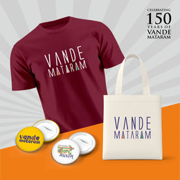 Vande Mataram | Patriotic Curated Combo | Round Neck Pure Cotton Maroon Unisex T-Shirt | 2.5x2.5 CM Round Badges | 14x16 Inch Cotton Canvas Tote Bag