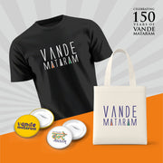 Vande Mataram | Patriotic Curated Combo | Round Neck Pure Cotton Black Unisex T-Shirt | 2.5x2.5 CM Round Badges | 14x16 Inch Cotton Canvas Tote Bag