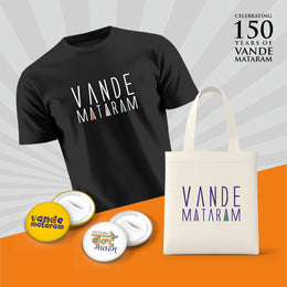 Vande Mataram | Patriotic Curated Combo | Round Neck Pure Cotton Black Unisex T-Shirt | 2.5x2.5 CM Round Badges | 14x16 Inch Cotton Canvas Tote Bag
