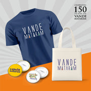 Vande Mataram | Patriotic Curated Combo | Round Neck Pure Cotton Blue Unisex T-Shirt | 2.5x2.5 CM Round Badges | 14x16 Inch Cotton Canvas Tote Bag