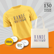 Vande Mataram | Patriotic Curated Combo | Round Neck Pure Cotton Yellow Unisex T-Shirt | 2.5x2.5 CM Round Badges | 14x16 Inch Cotton Canvas Tote Bag