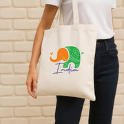Tiranga Elephant | Patriotic Cotton Canvas Tote Bag | Luv My India Spacious 14x13.5 Inch Multipurpose Carry-All