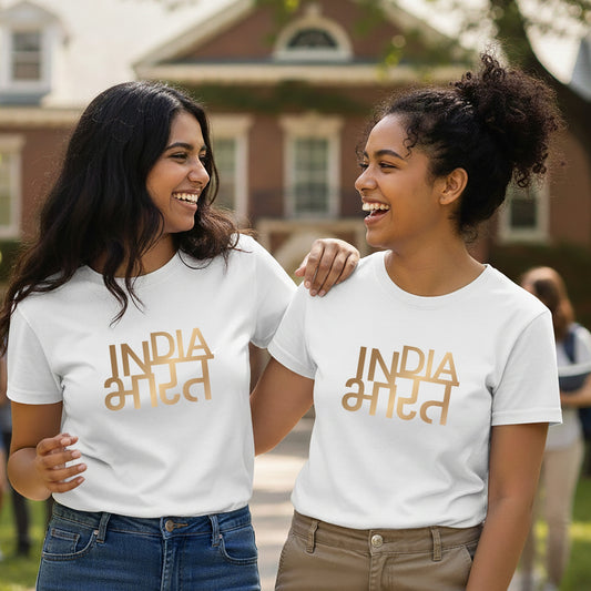 India Bharat | Gold Foil Round Neck Women's T-Shirt | Pure Cotton Luv My India Fashion | Patriotic T-Shirt