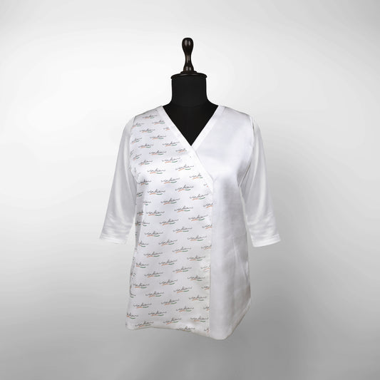 India Cursive Script | Asymmetrical Women’s Top | Modal Satin with Inner Lining | Classic White