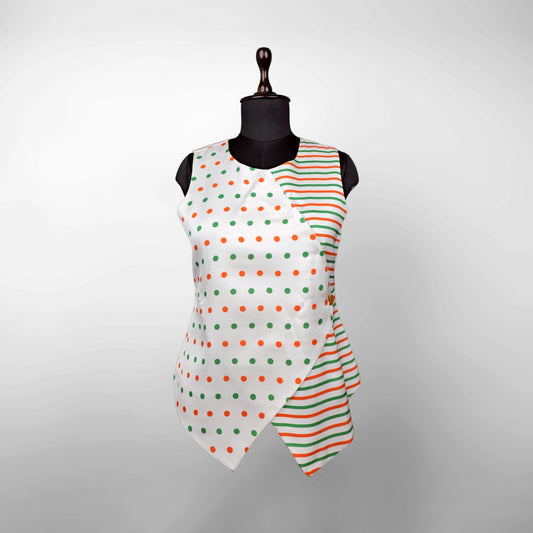 Tricolour Polka Dot & Stripes Fusion | Asymmetrical Overlap Women’s Top | Modal Satin with Inner Lining