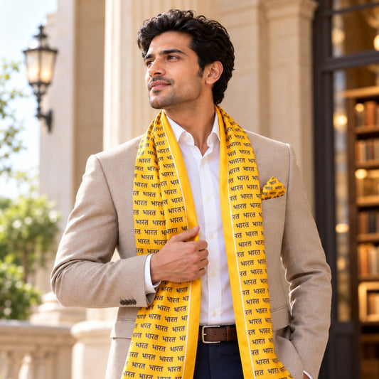 Bharat Signature Print | Premium Modal Silk Stole and Pocket Square Set | Yellow