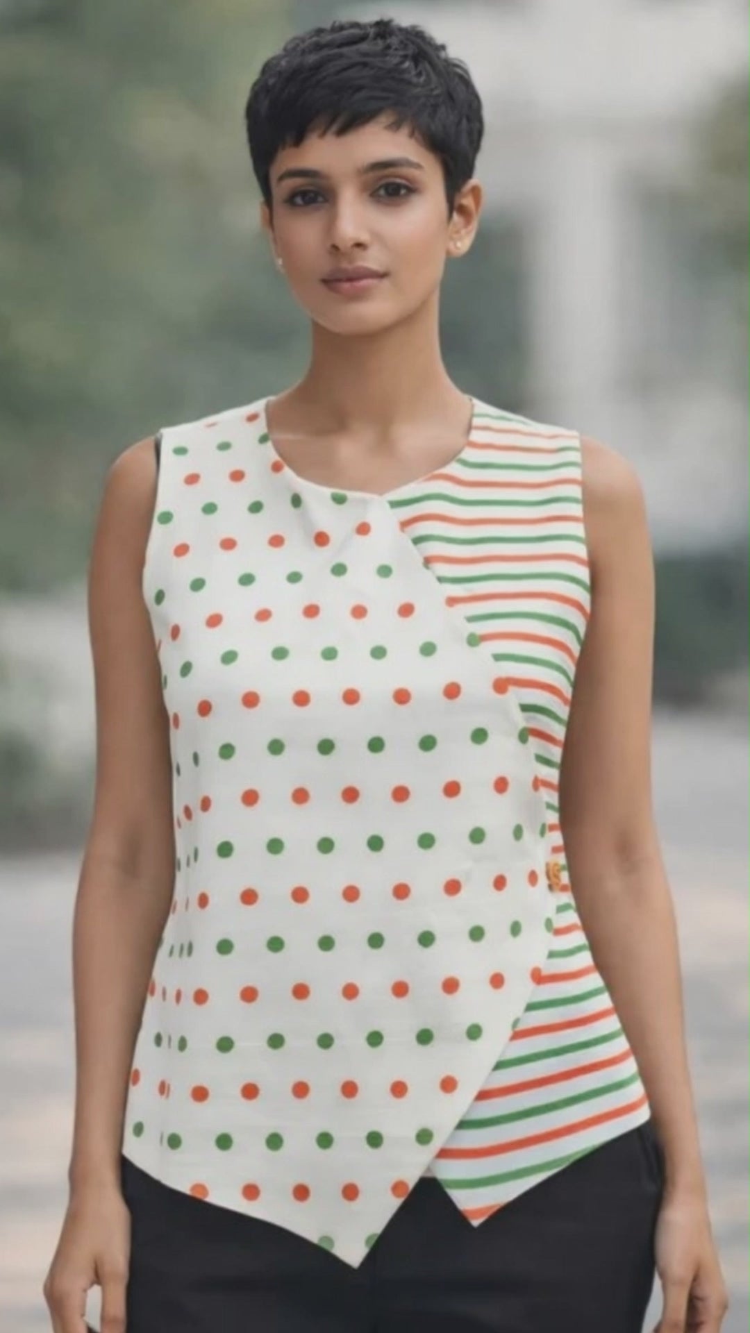 Tricolour Polka Dot & Stripes Fusion | Asymmetrical Overlap Women’s Top | Modal Satin with Inner Lining