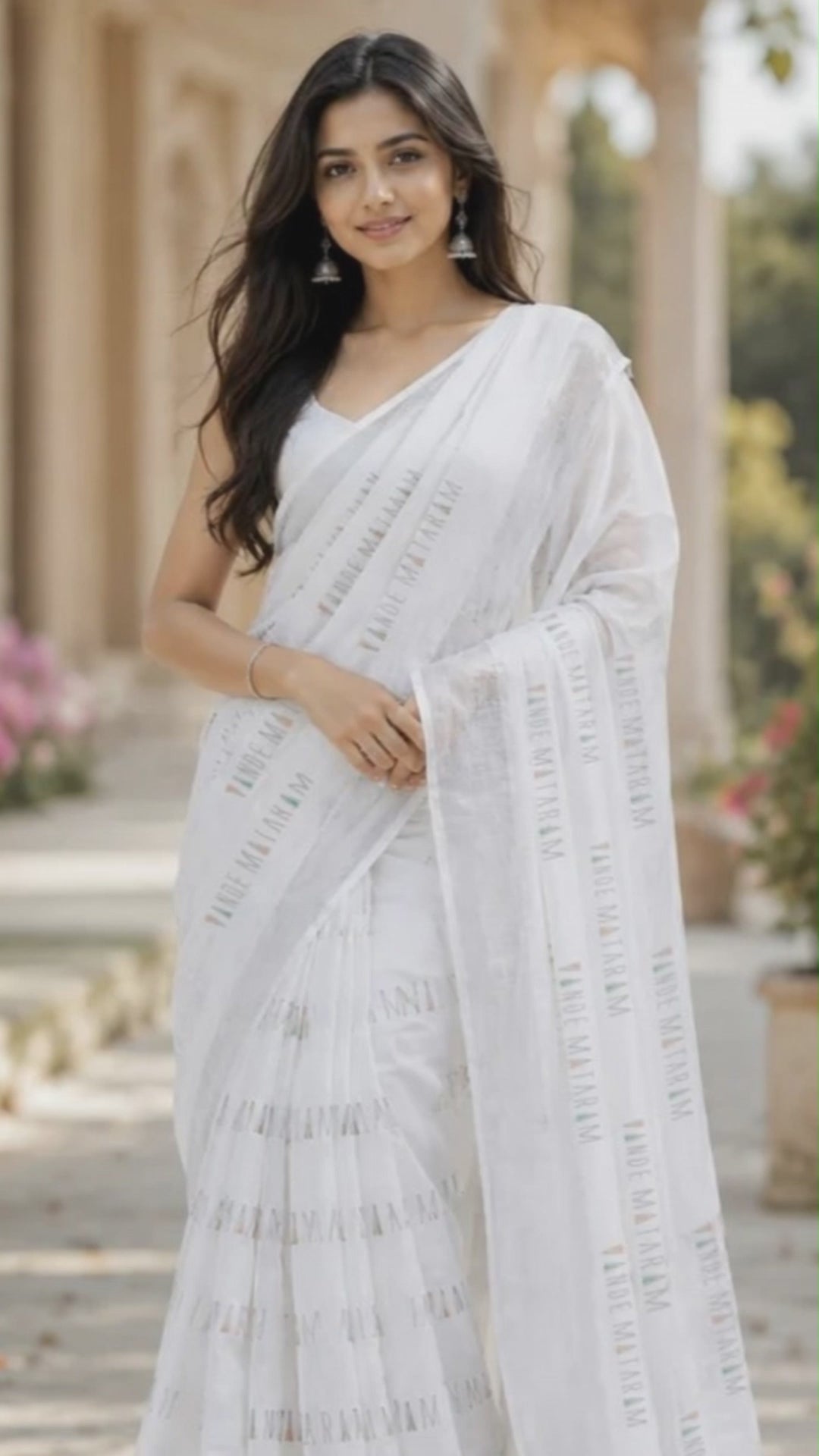 Vande Mataram Silver Zari Border Linen Saree