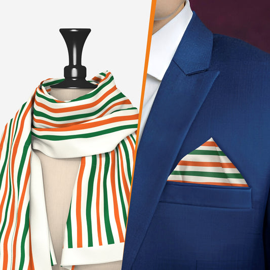 His & Her Set | Waves Of Tricolour | Luv My India Premium Pocket Square And Scarf Combo | Digital Print Patriotic Combo | 33x33 CM Bemberg Vegan Silk Pocket Square | 150x45 CM Bemberg Vegan Silk Scarf